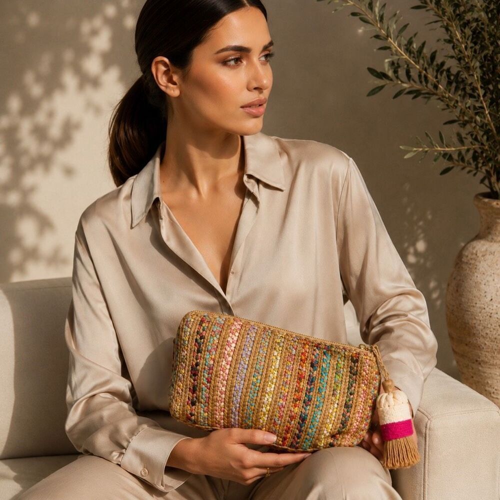 Antik Kraft Rainbow Jute Clutch Tassel Straw Boho Beach Bag NWT